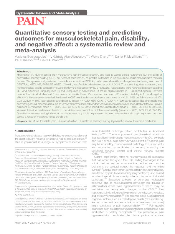 Quantitative sensory testing and predicting outcomes for musculoskeletal pain, disability, and negative affect: a systematic review and meta-analysis Thumbnail