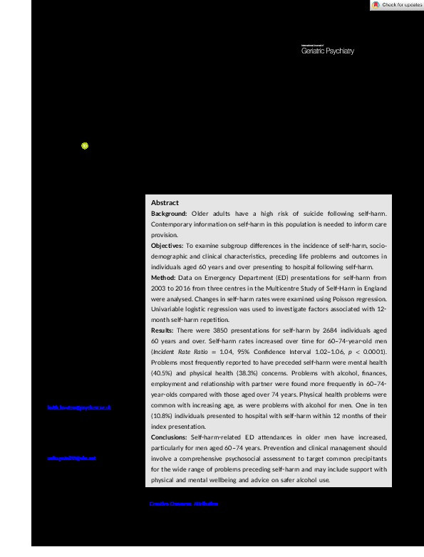 The characteristics, life problems and clinical management of older adults who self-harm: Findings from the multicentre study of self-harm in England Thumbnail