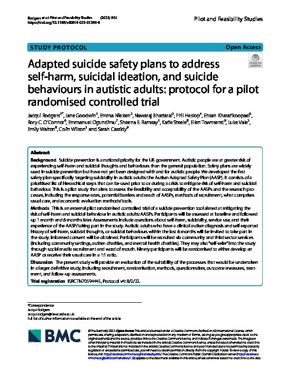 Adapted suicide safety plans to address self-harm, suicidal ideation, and suicide behaviours in autistic adults: protocol for a pilot randomised controlled trial Thumbnail