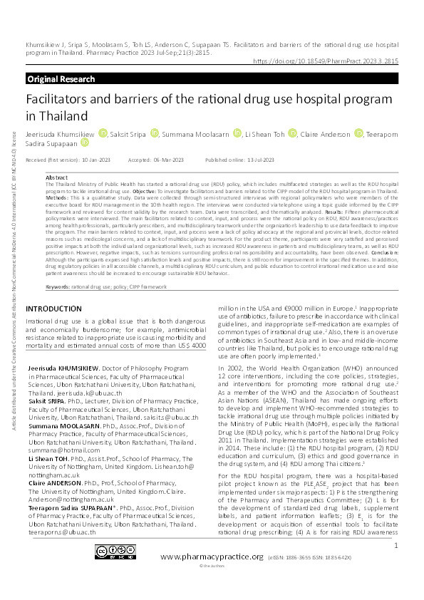 Facilitators and barriers of the rational drug use hospital program in Thailand Thumbnail