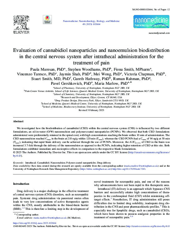 Evaluation of cannabidiol nanoparticles and nanoemulsion biodistribution in the central nervous system after intrathecal administration for the treatment of pain Thumbnail