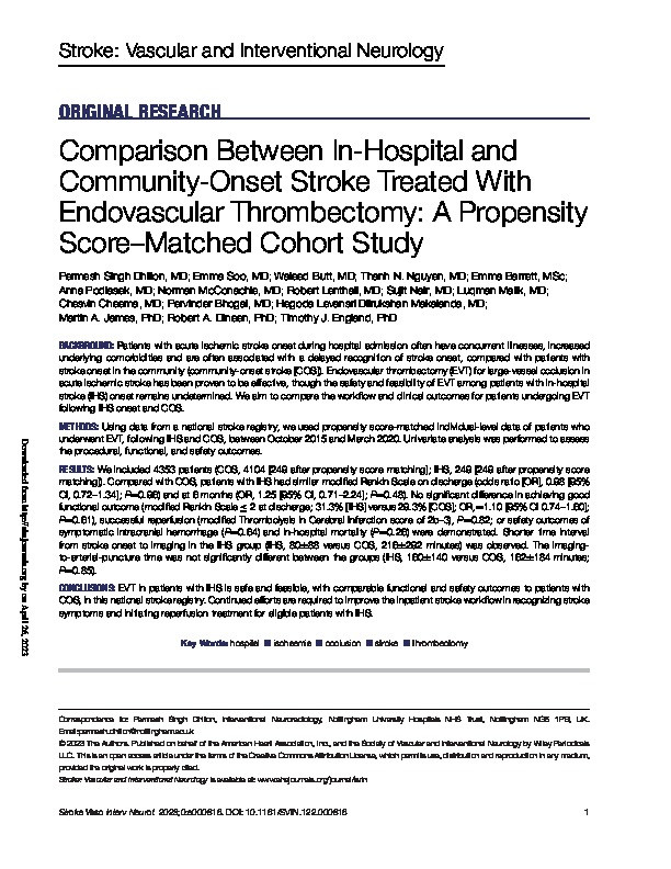 Comparison Between In‐Hospital and Community‐Onset Stroke Treated With Endovascular Thrombectomy: A Propensity Score–Matched Cohort Study Thumbnail