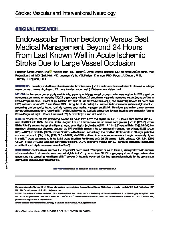 Endovascular Thrombectomy Versus Best Medical Management Beyond 24 Hours From Last Known Well in Acute Ischemic Stroke Due to Large Vessel Occlusion Thumbnail