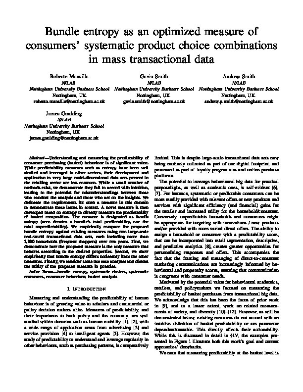 Bundle entropy as an optimized measure of consumers' systematic product choice combinations in mass transactional data Thumbnail