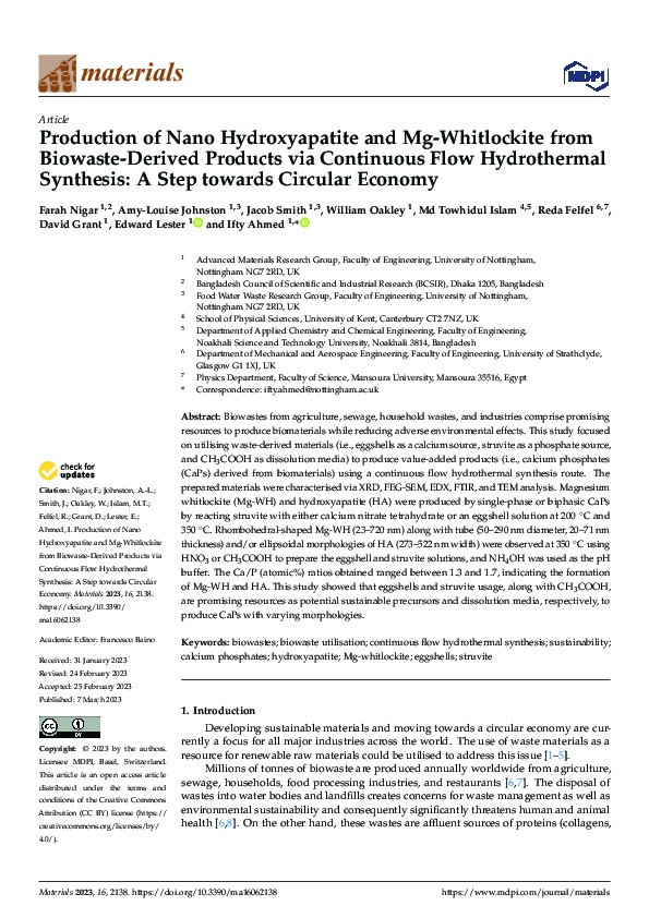 Production of Nano Hydroxyapatite and Mg-Whitlockite from Biowaste-Derived products via Continuous Flow Hydrothermal Synthesis: A Step towards Circular Economy Thumbnail
