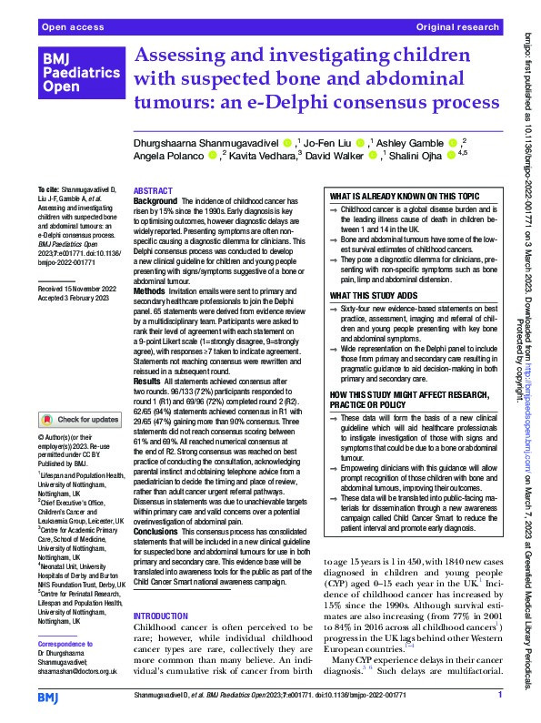Assessing and investigating children with suspected bone and abdominal tumours: an e-Delphi consensus process Thumbnail