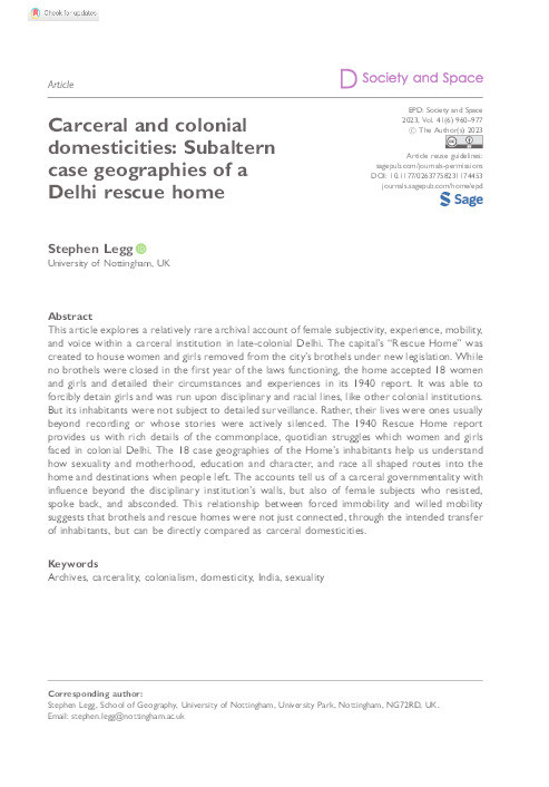 Carceral and colonial domesticities: Subaltern case geographies of a Delhi rescue home Thumbnail