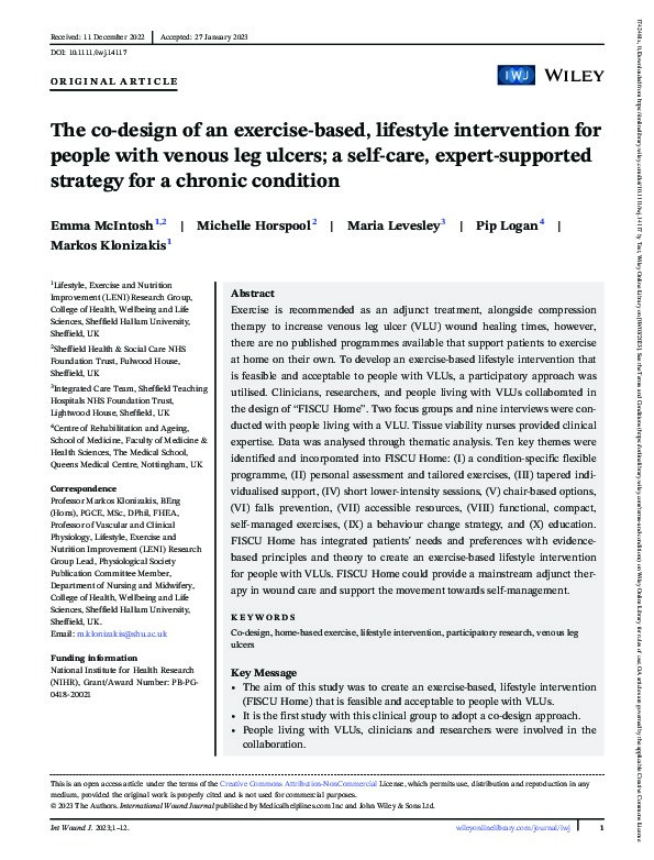 The co-design of an exercise-based, lifestyle intervention for people with venous leg ulcers; a self-care, expert-supported strategy for a chronic condition Thumbnail