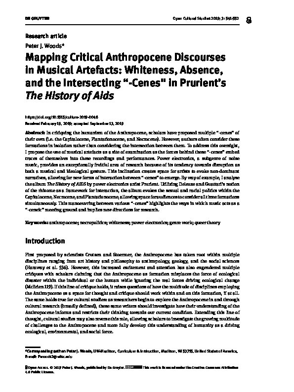 Mapping Critical Anthropocene Discourses in Musical Artefacts: Whiteness, Absence, and the Intersecting “-Cenes” in Prurient’s The History of Aids Thumbnail