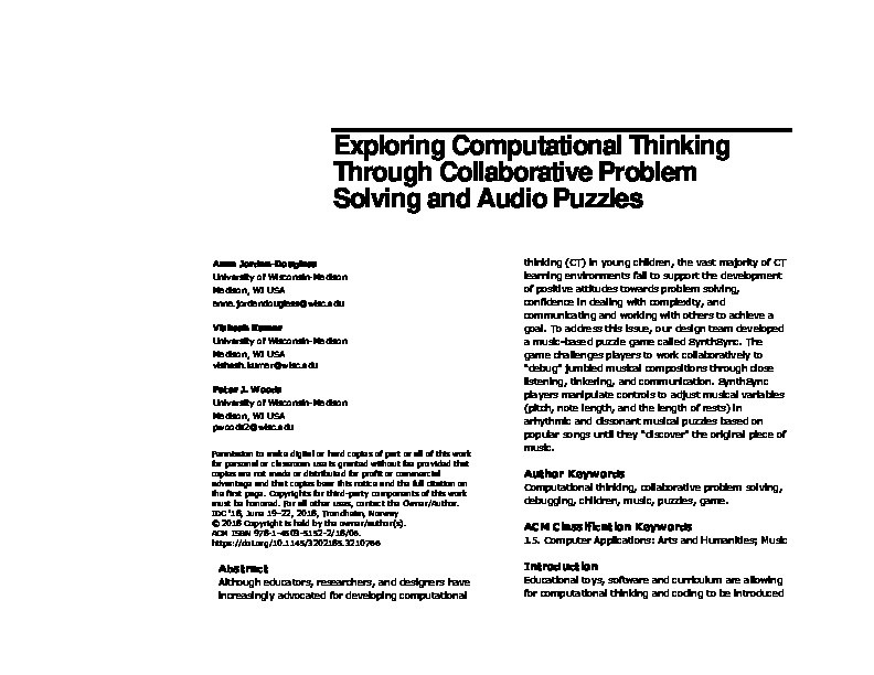 Exploring computational thinking through collaborative problem solving and audio puzzles Thumbnail