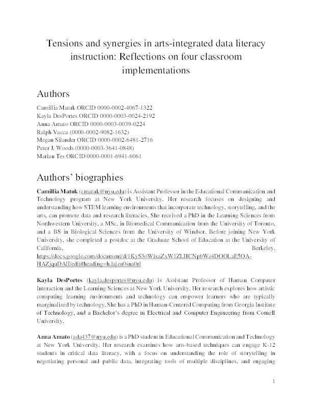 Tensions and synergies in arts‐integrated data literacy instruction: Reflections on four classroom implementations Thumbnail