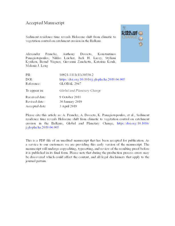 Sediment residence time reveals Holocene shift from climatic to vegetation control on catchment erosion in the Balkans Thumbnail