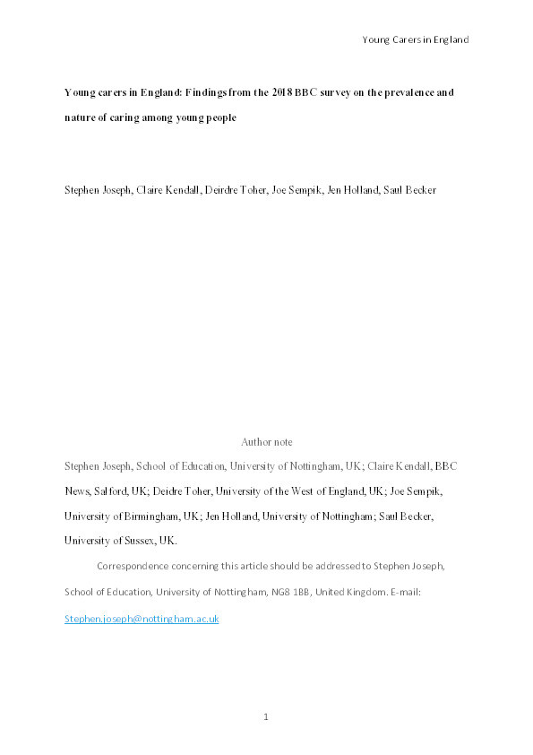 Young carers in England: Findings from the 2018 BBC survey on the prevalence and nature of caring among young people Thumbnail