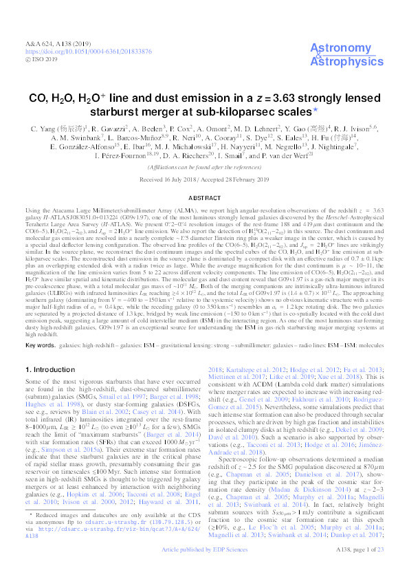 CO, H 2 O, H 2 O + line and dust emission in a z = 3.63 strongly lensed starburst merger at sub-kiloparsec scales Thumbnail