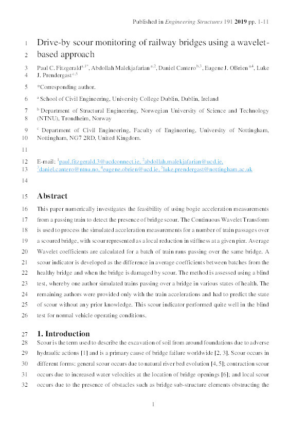 Drive-by scour monitoring of railway bridges using a wavelet-based approach Thumbnail