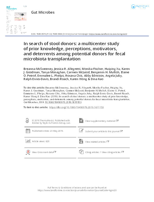 In search of stool donors: a multicenter study of prior knowledge, perceptions, motivators, and deterrents among potential donors for fecal microbiota transplantation Thumbnail