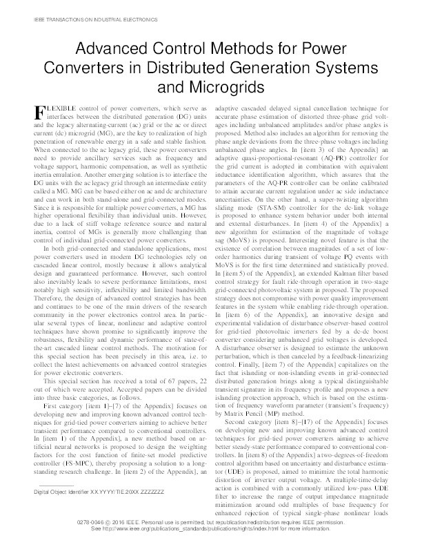 Advanced control methods for power converters in distributed generation systems and microgrids Thumbnail