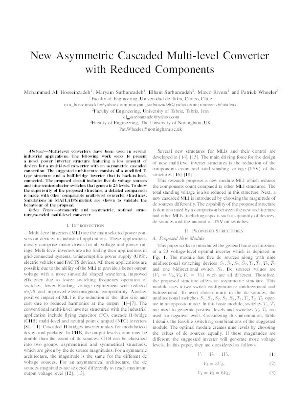 New Asymmetric Cascaded Multi-level Converter with Reduced Components Thumbnail