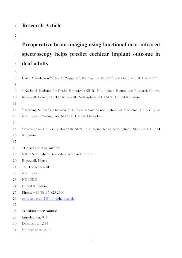 Preoperative brain imaging using functional near-infrared spectroscopy helps predict cochlear implant outcome in deaf adults Thumbnail