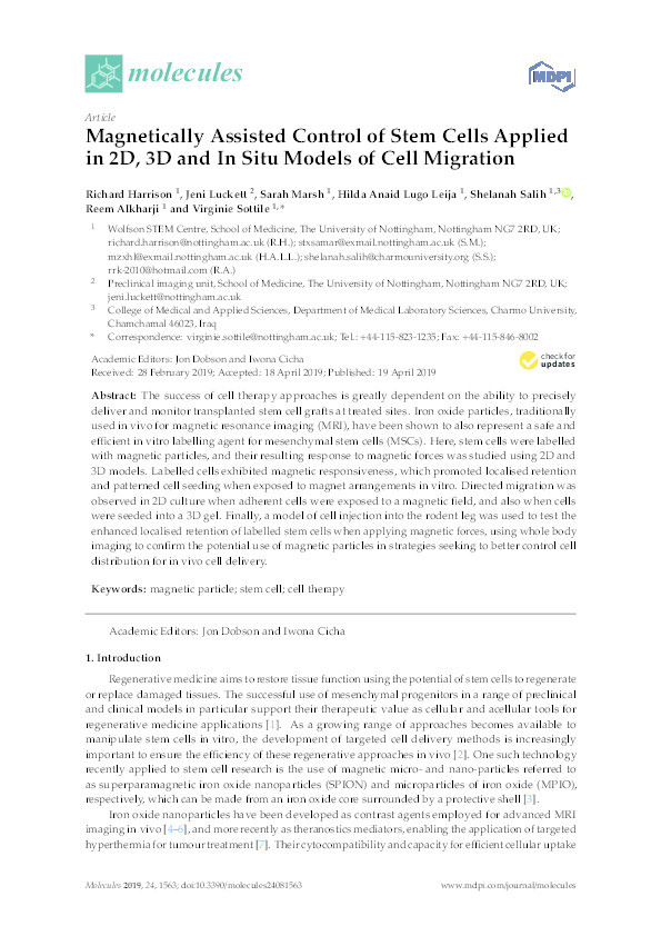 Magnetically Assisted Control of Stem Cells Applied in 2D, 3D and In Situ Models of Cell Migration Thumbnail