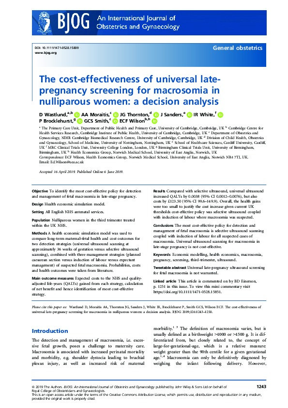 The cost-effectiveness of universal late-pregnancy screening for macrosomia in nulliparous women: a decision analysis Thumbnail