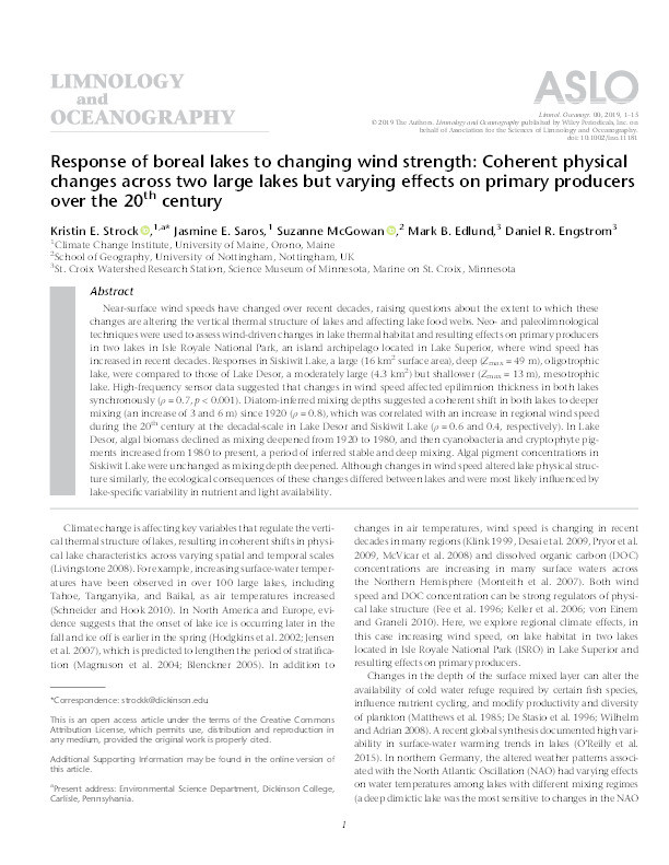 Response of boreal lakes to changing wind strength: coherent physical changes across two large lakes but varying effects on primary producers over the 20th century Thumbnail