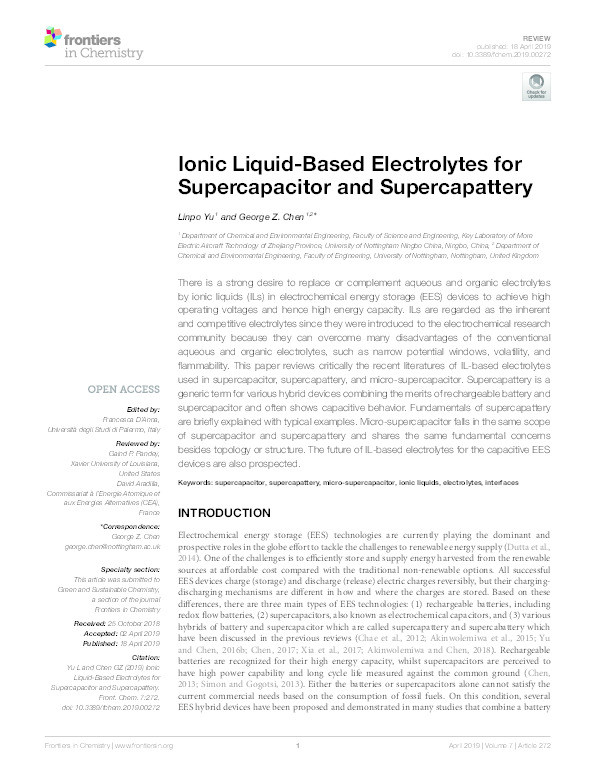 Ionic Liquid-Based Electrolytes for Supercapacitor and Supercapattery Thumbnail