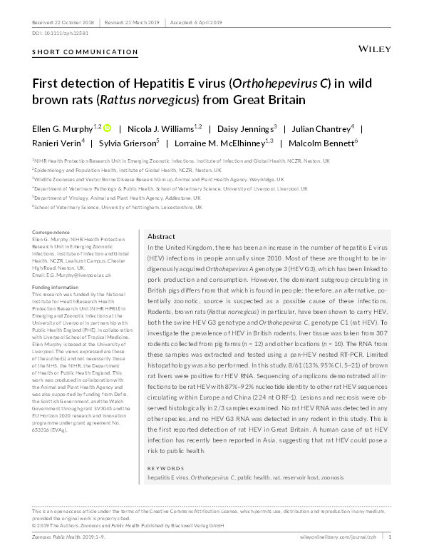 First detection of Hepatitis E virus (Orthohepevirus C) in wild brown rats ( Rattus norvegicus ) from Great Britain Thumbnail