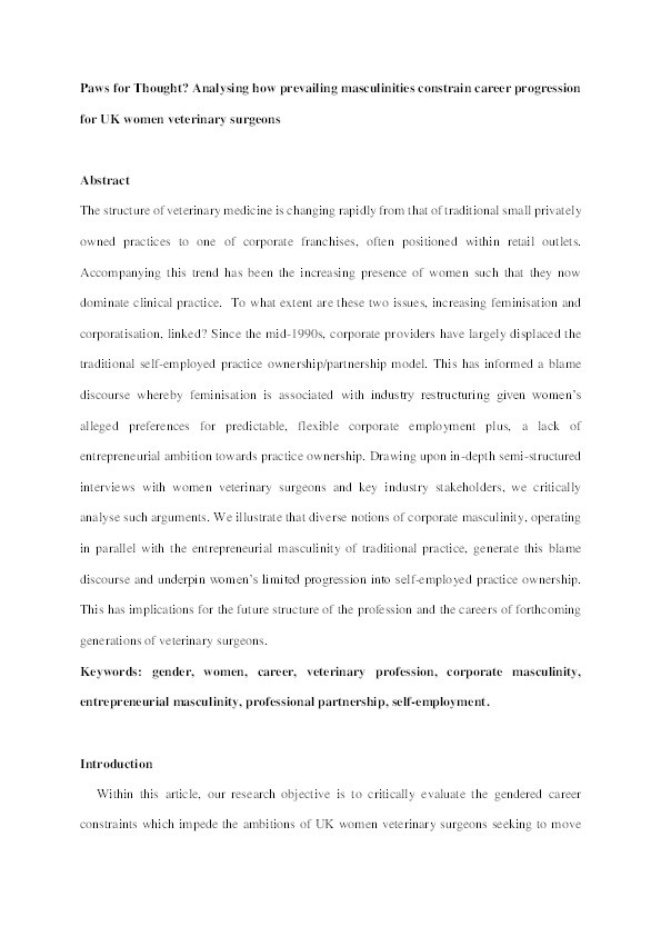 Paws for thought? analysing how prevailing masculinities constrain career progression for UK women veterinary surgeons Thumbnail