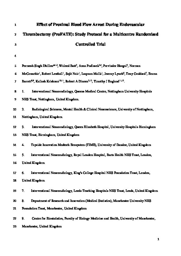 Effect of proximal blood flow arrest during endovascular thrombectomy (ProFATE): Study protocol for a multicentre randomised controlled trial Thumbnail