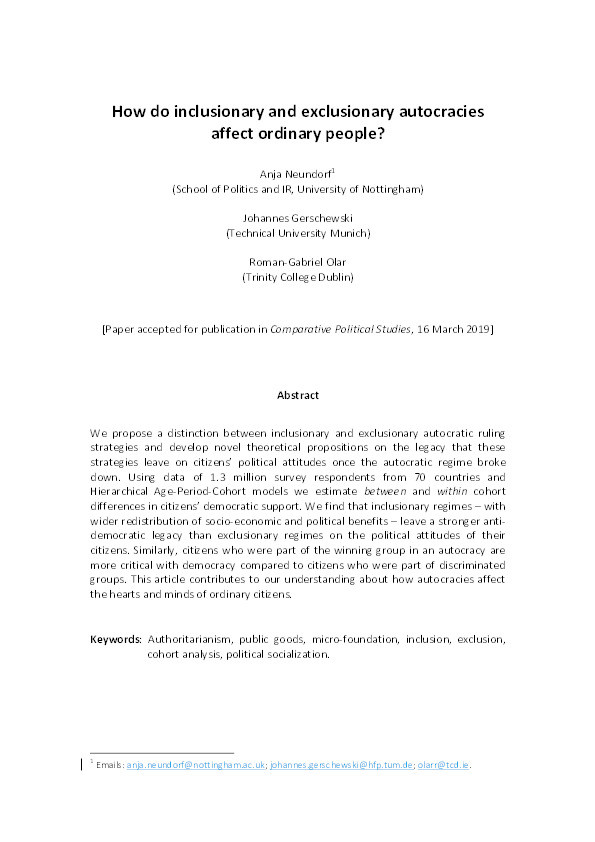 How Do Inclusionary and Exclusionary Autocracies Affect Ordinary People? Thumbnail