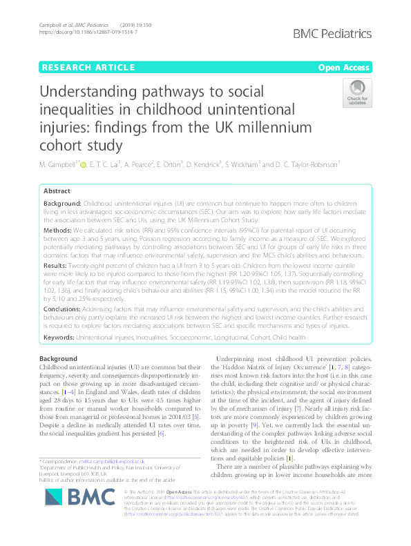 Understanding pathways to social inequalities in childhood unintentional injuries: findings from the UK Millennium Cohort Study Thumbnail