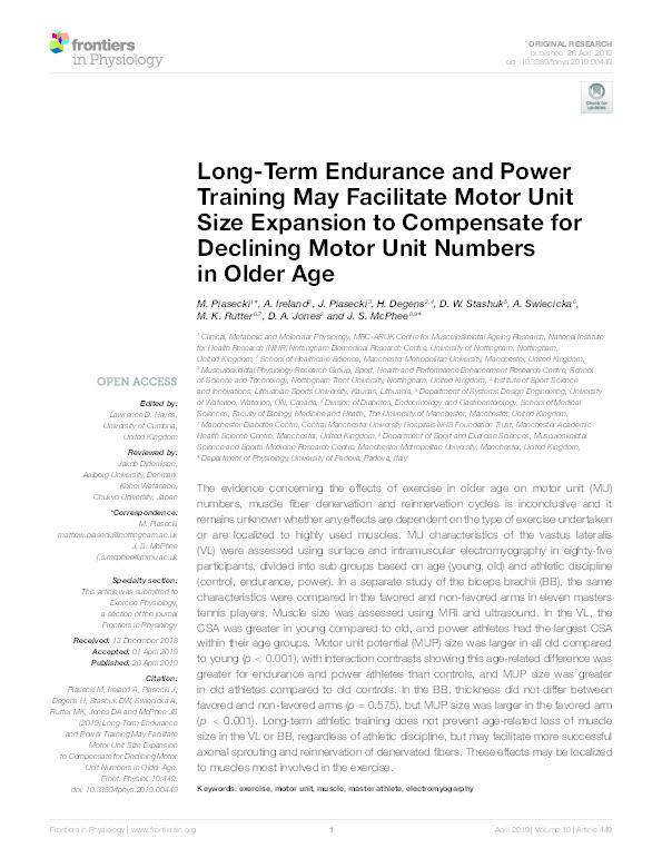 Long-Term Endurance and Power Training May Facilitate Motor Unit Size Expansion to Compensate for Declining Motor Unit Numbers in Older Age Thumbnail