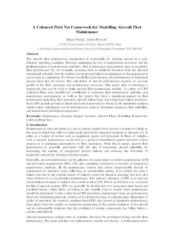 A coloured Petri net framework for modelling aircraft fleet maintenance Thumbnail