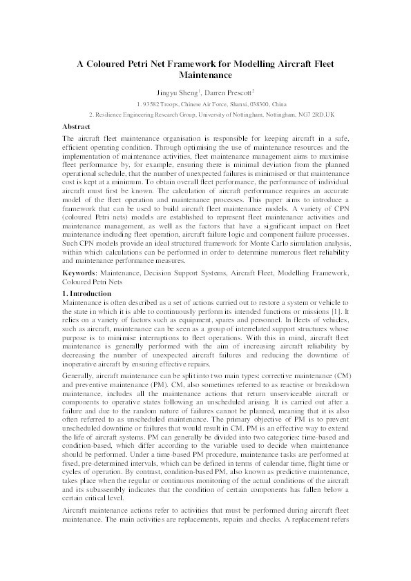 A coloured Petri net framework for modelling aircraft fleet maintenance Thumbnail