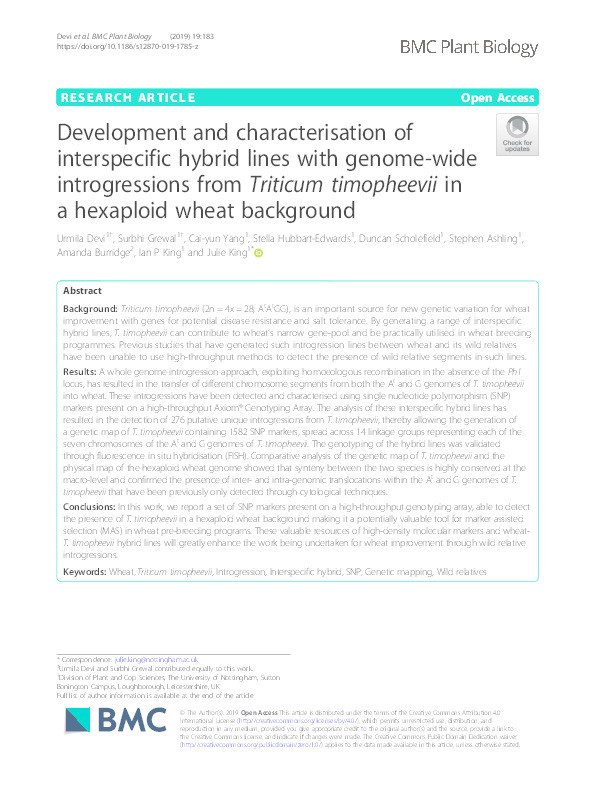 Development and characterisation of interspecific hybrid lines with genome-wide introgressions from Triticum timopheevii in a hexaploid wheat background Thumbnail