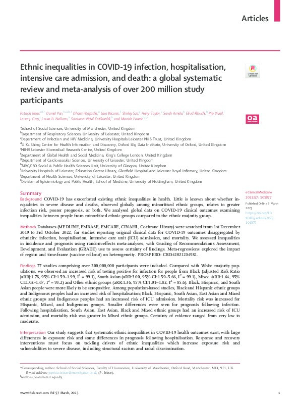 Ethnic inequalities in COVID-19 infection, hospitalisation, intensive care admission, and death: a global systematic review and meta-analysis of over 200 million study participants Thumbnail