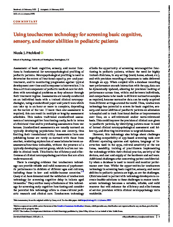 Using touchscreen technology for screening basic cognitive, sensory, and motor abilities in pediatric patients Thumbnail