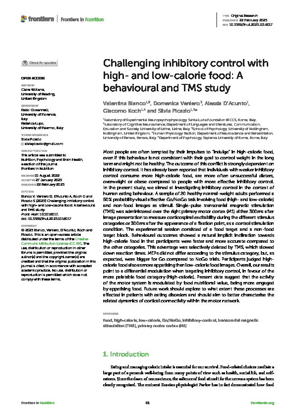 Challenging inhibitory control with high- and low-calorie food: A behavioural and TMS study Thumbnail