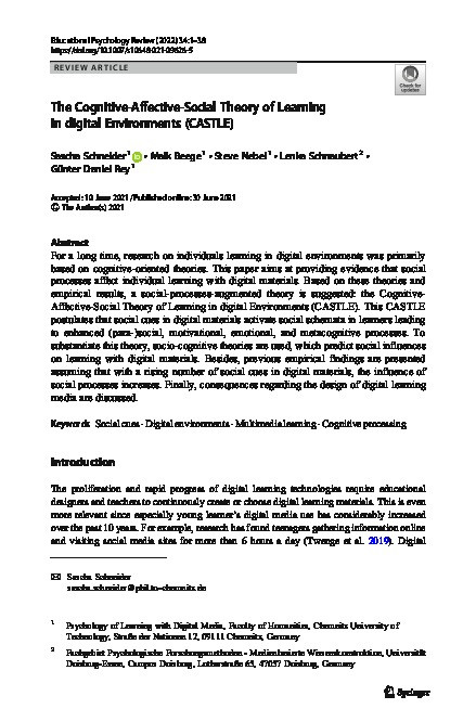 The Cognitive-Affective-Social Theory of Learning in digital Environments (CASTLE) Thumbnail
