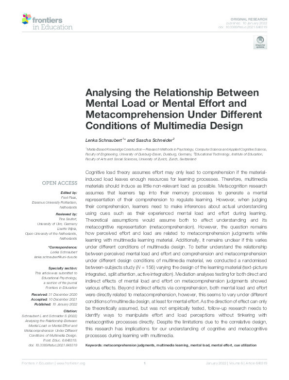 Analysing the Relationship Between Mental Load or Mental Effort and Metacomprehension Under Different Conditions of Multimedia Design Thumbnail