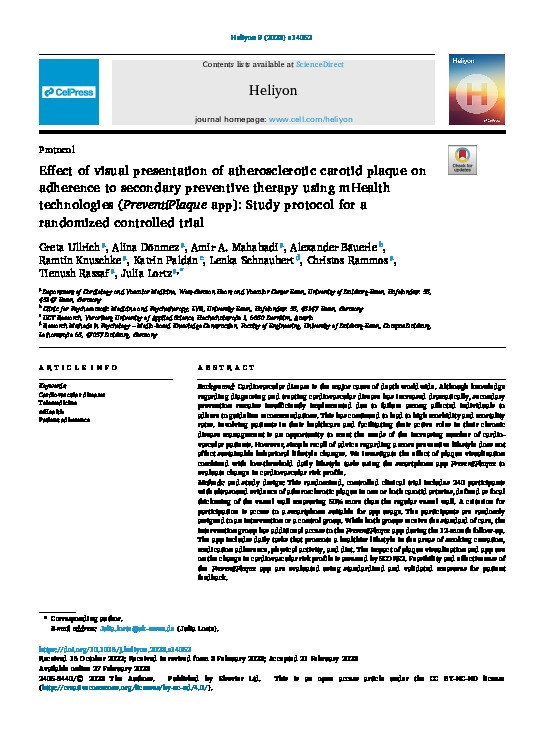 Effect of visual presentation of atherosclerotic carotid plaque on adherence to secondary preventive therapy using mHealth technologies (PreventiPlaque app): Study protocol for a randomized controlled trial Thumbnail