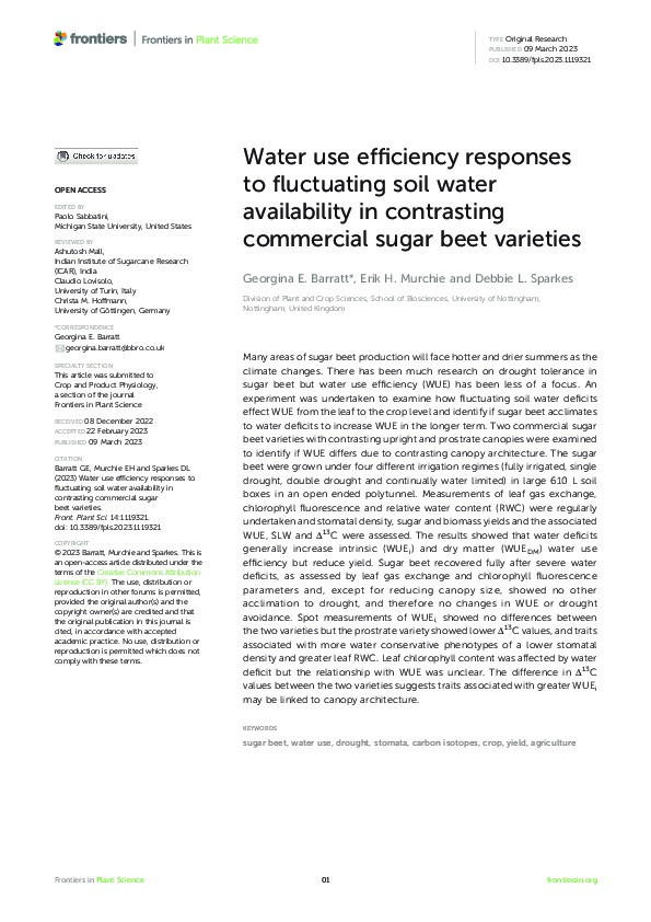 Water use efficiency responses to fluctuating soil water availability in contrasting commercial sugar beet varieties Thumbnail