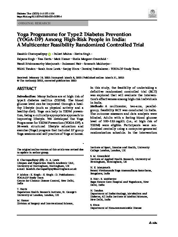 Yoga Programme for Type 2 Diabetes Prevention (YOGA-DP) Among High-Risk People in India: A Multicenter Feasibility Randomized Controlled Trial Thumbnail