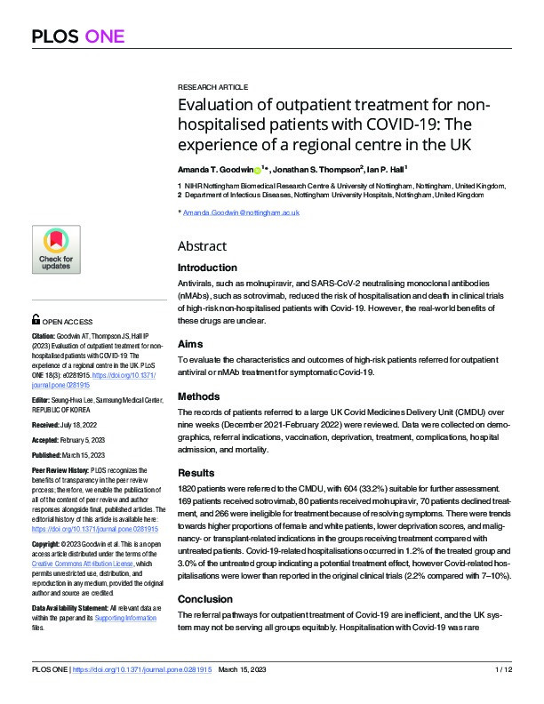 Evaluation of outpatient treatment for non-hospitalised patients with COVID-19: The experience of a regional centre in the UK Thumbnail