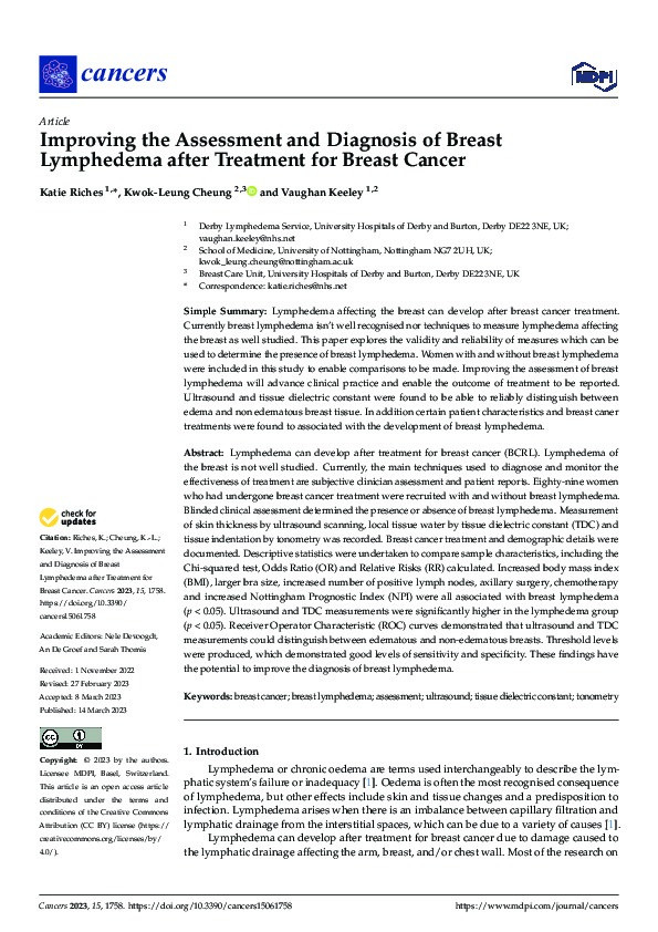 Improving the Assessment and Diagnosis of Breast Lymphedema after Treatment for Breast Cancer Thumbnail