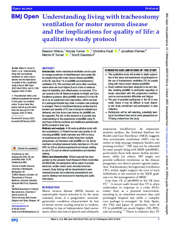 Understanding living with tracheostomy ventilation for motor neuron disease and the implications for quality of life: a qualitative study protocol Thumbnail
