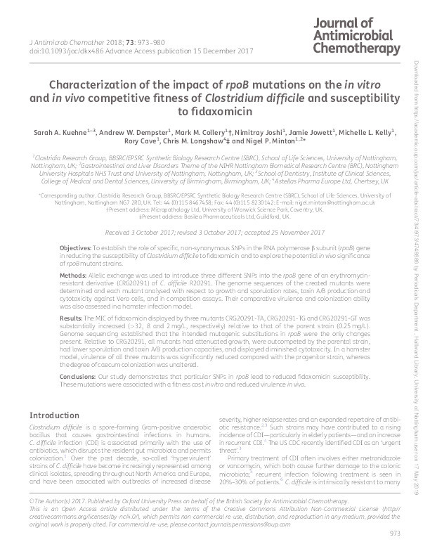 Characterization of the impact of rpoB mutations on the in vitro and in vivo competitive fitness of Clostridium difficile and susceptibility to fidaxomicin Thumbnail