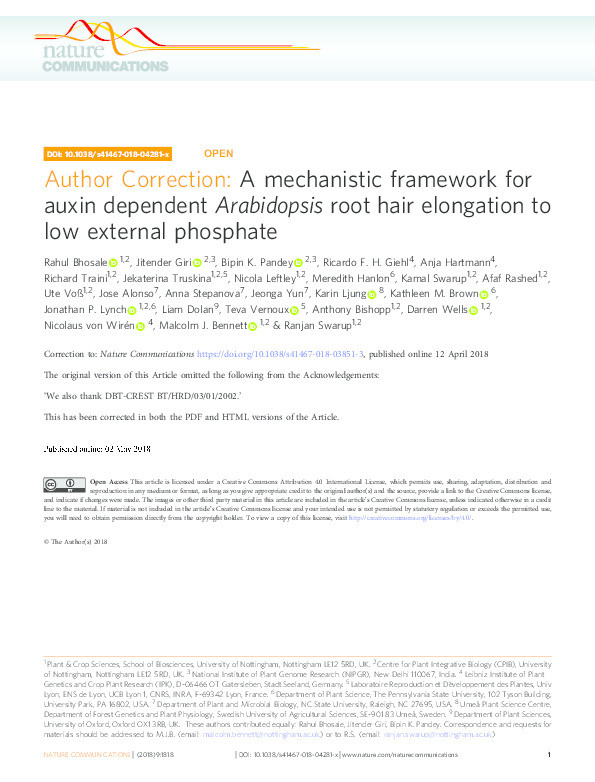 Erratum: Author Correction: A mechanistic framework for auxin dependent Arabidopsis root hair elongation to low external phosphate (Nature communications (2018) 9 1 (1409)) Thumbnail