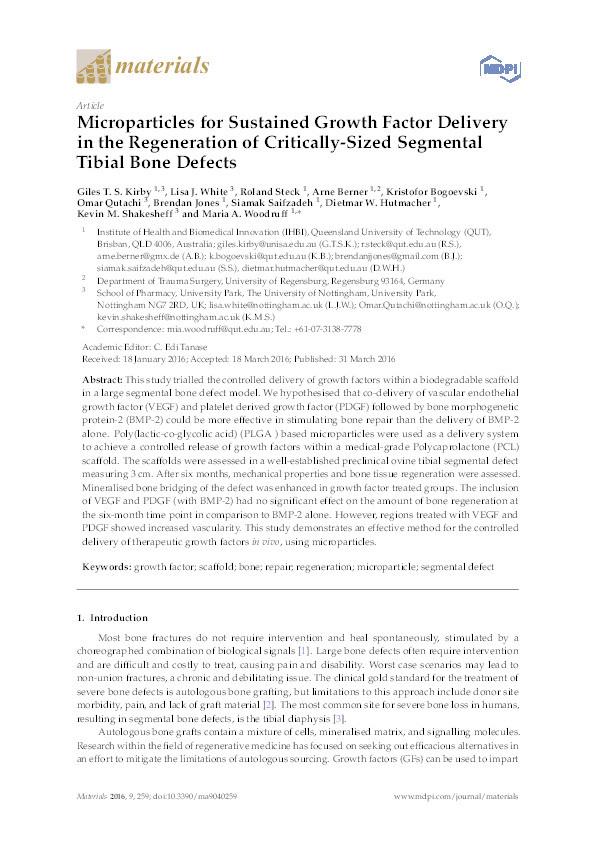 Microparticles for Sustained Growth Factor Delivery in the Regeneration of Critically-Sized Segmental Tibial Bone Defects Thumbnail